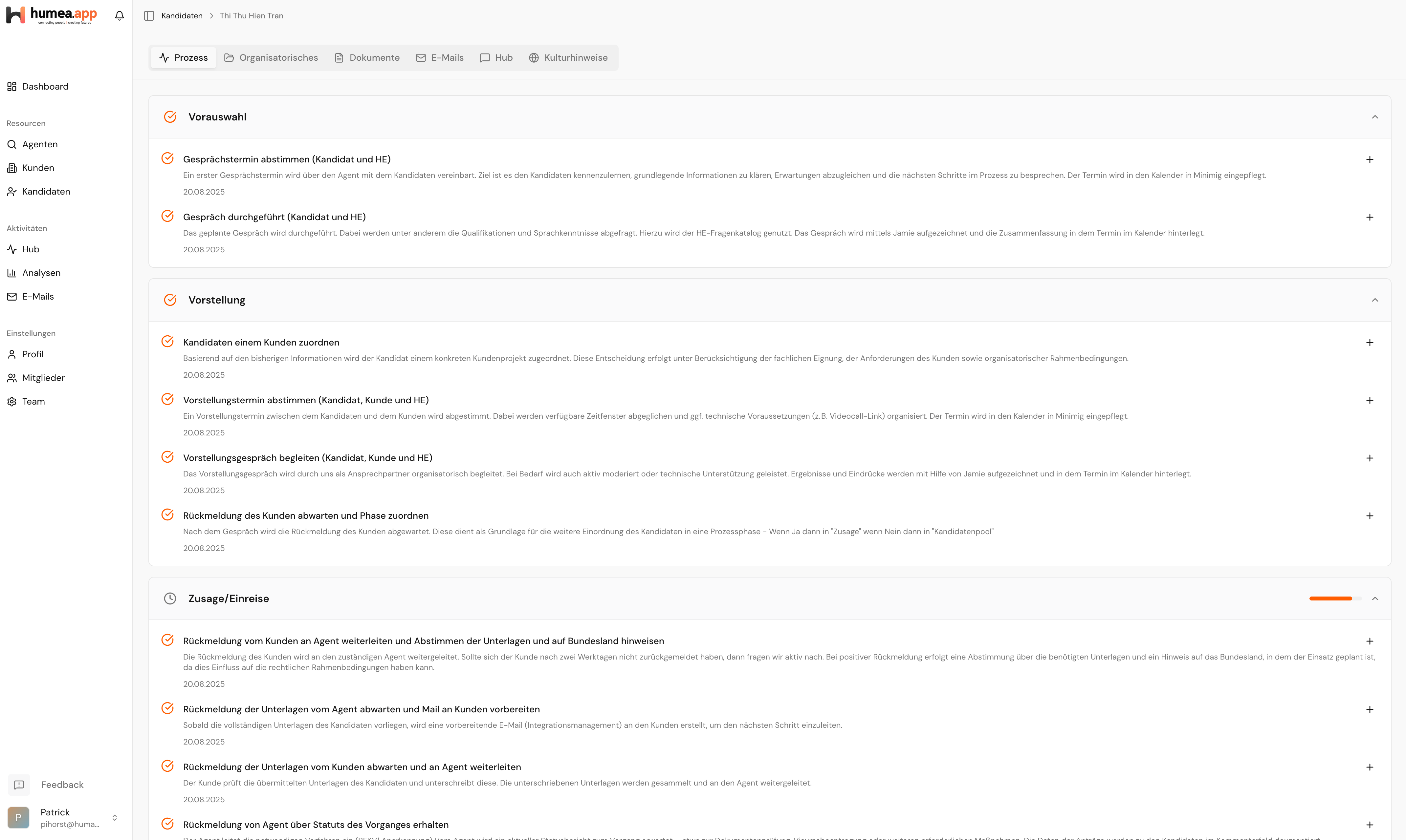 humea-app.com Prozessansicht — Vorauswahl, Vorstellung und Einreise als Checkliste